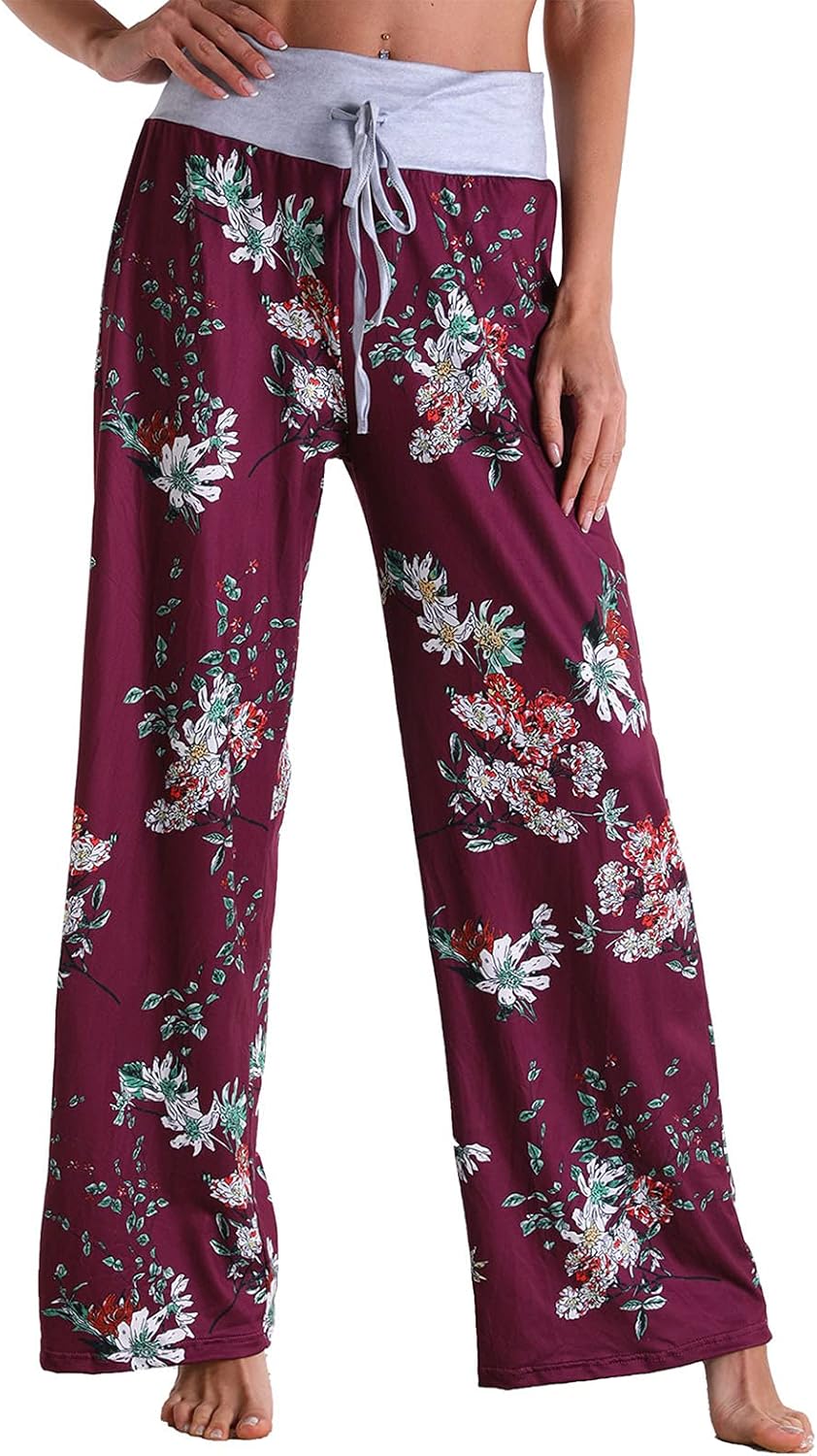 Women's Floral Printing Pajama Ladies Baggy Wide Leg Sweatpants High