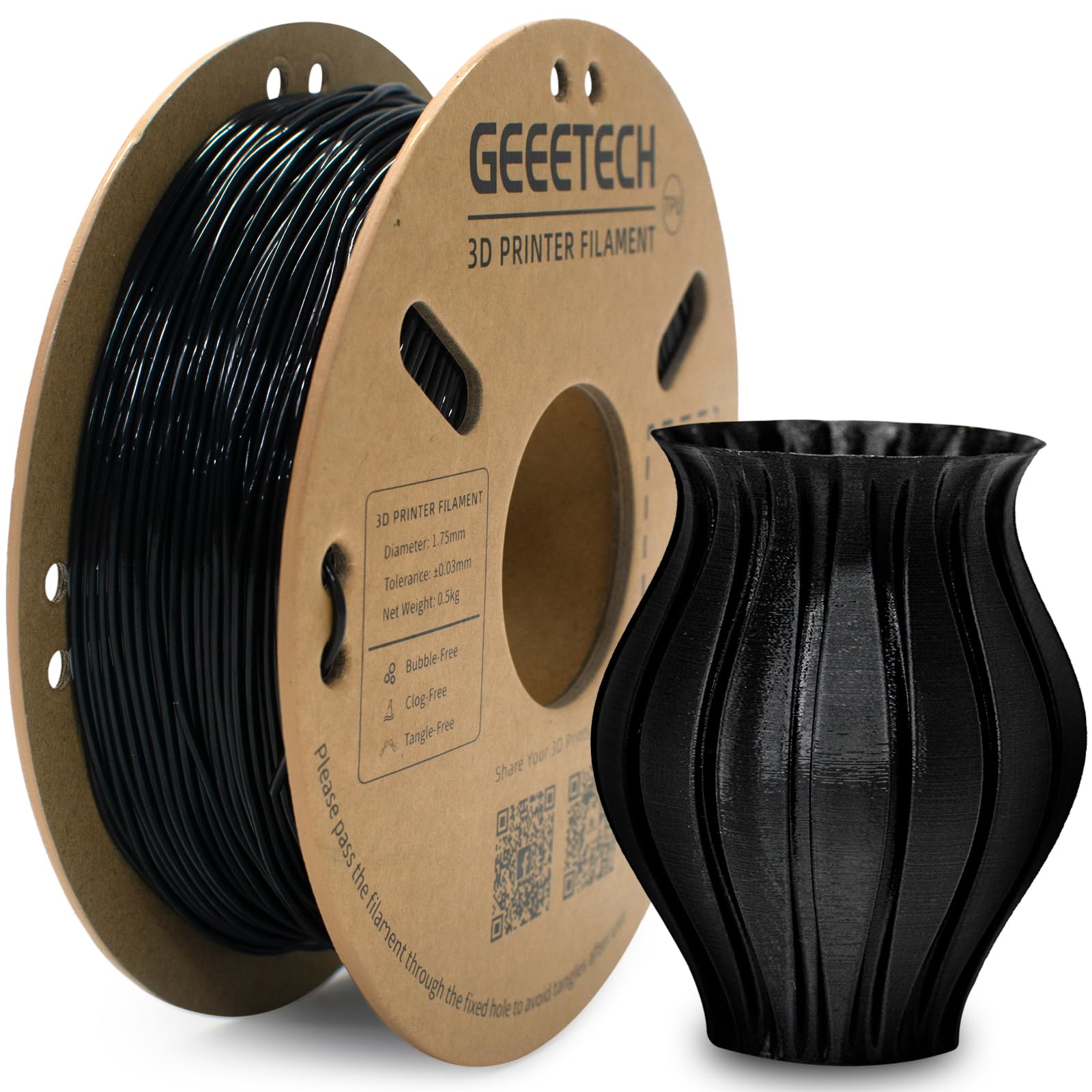 GEEETECH Filament 1.75mm, 3D Printer Filament, Filament 3D Printing Materials for 3D Printer, TPU 0.5KG Black