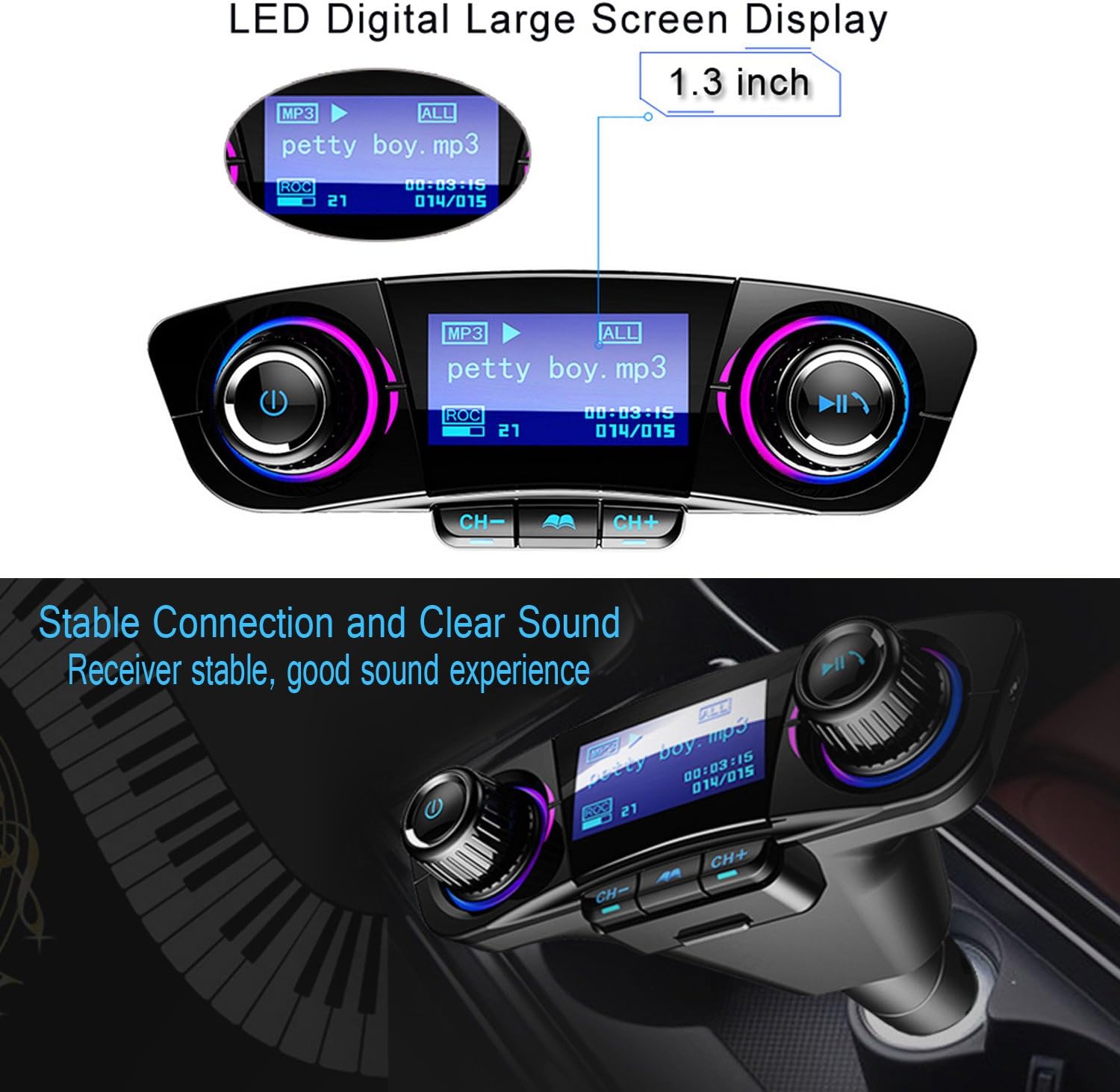 Bluetooth FM Transmitter Handfrees-Calling Radio Adapter Car Kit with Dual USB Port MP3 Player Support TF Card USB Flash Drive: Home Audio & Theater