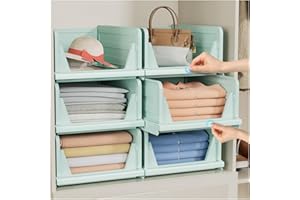 CAKTRAIE 6 Pack Stackable Closet Storage Basket - Stackable Storage Bins, Multifunctional & Foldable Closet Organizer, Wardrobe Cupboard Space-Saving Hat Storage Drawer Organizer, Green
