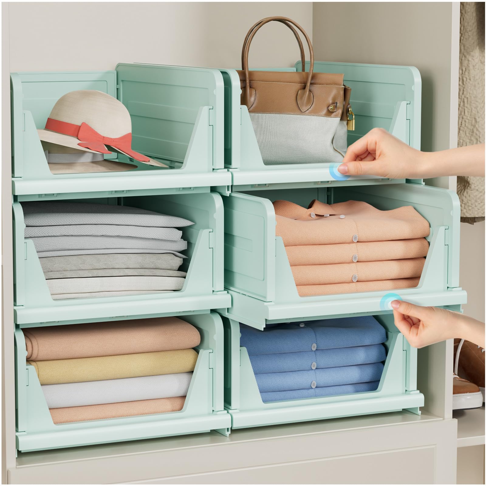 Photo 1 of 6 Pack Stackable Closet Storage Basket - Stackable Storage Bins, Multifunctional & Foldable Closet Organizer, Wardrobe Cupboard Space-Saving Hat Storage Drawer Organizer, Green