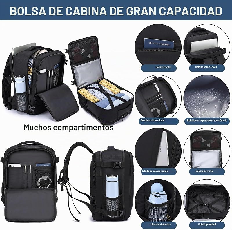 Mochila Viaje 40x30x20 para Ryanair, Vueling, Mochila Cabina 40x20x30 Mochila Viaje Cabina Avion con Compartimento Impermeable 24L Equipaje de Mano Bolsa Portatil 14 Pulgadas para Trabajo, Viajes