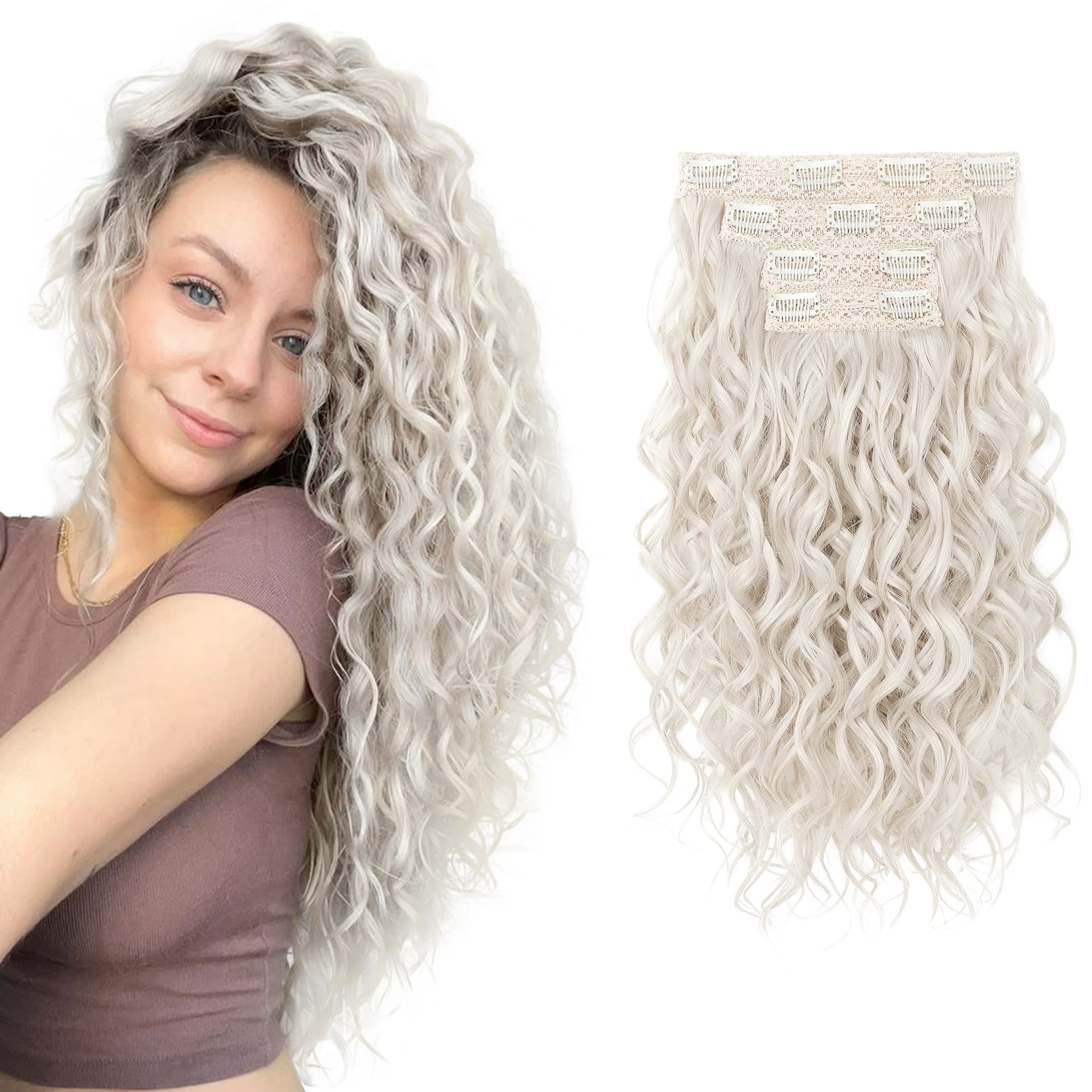 REECHO Curly Hair Extensions, 4PCS 16 inch Clip in Hair Extensions Lace Weft Short Curly Hair Extension Clip Ins Invisible Natural Hairpieces for Women, Platinum Blonde