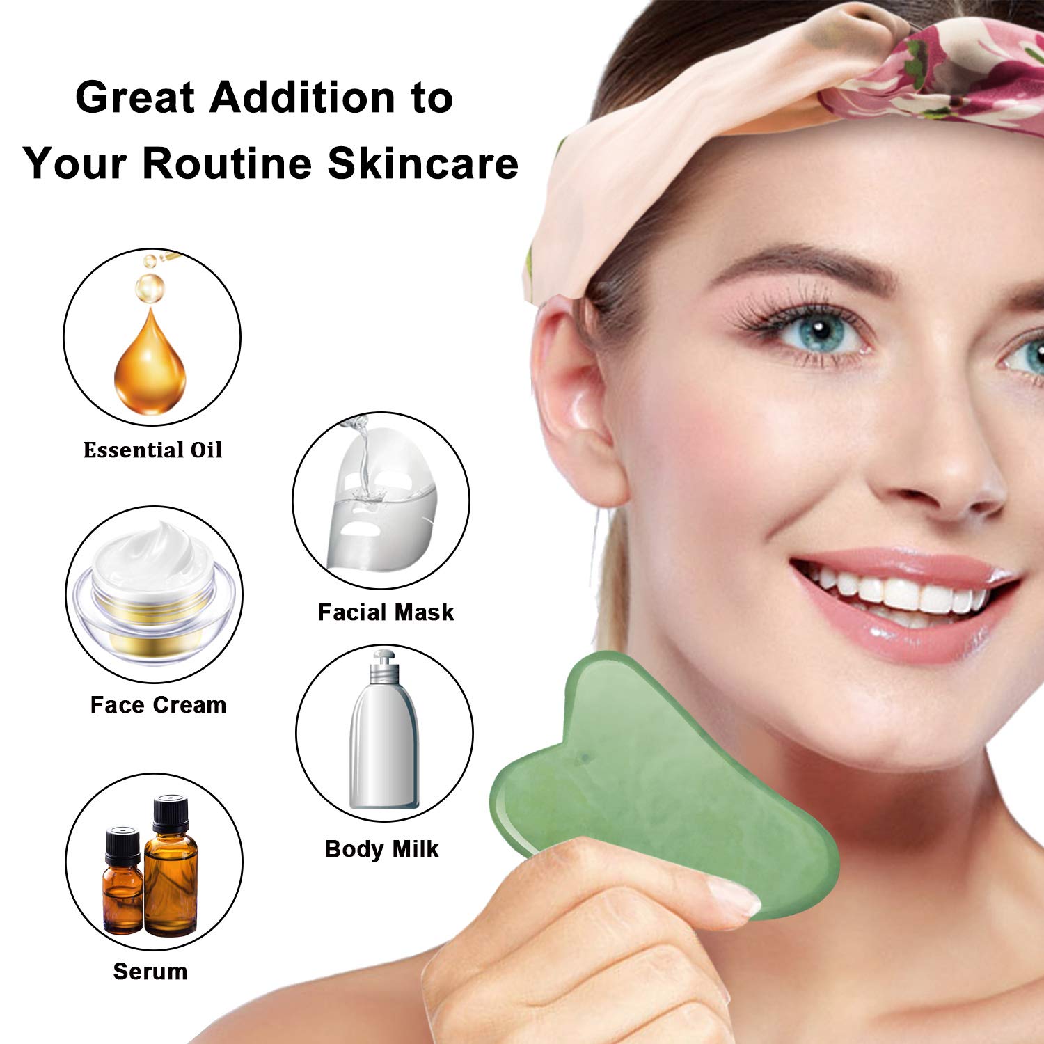 Jade Roller for Face & Natural Rose Quartz Roller & Gua Sha Scraping Tool, 3 in 1 Anti-Aging Jade Face Roller Massager for Cheeks Slimmer, Skin Tightening, Rejuvenate Skin