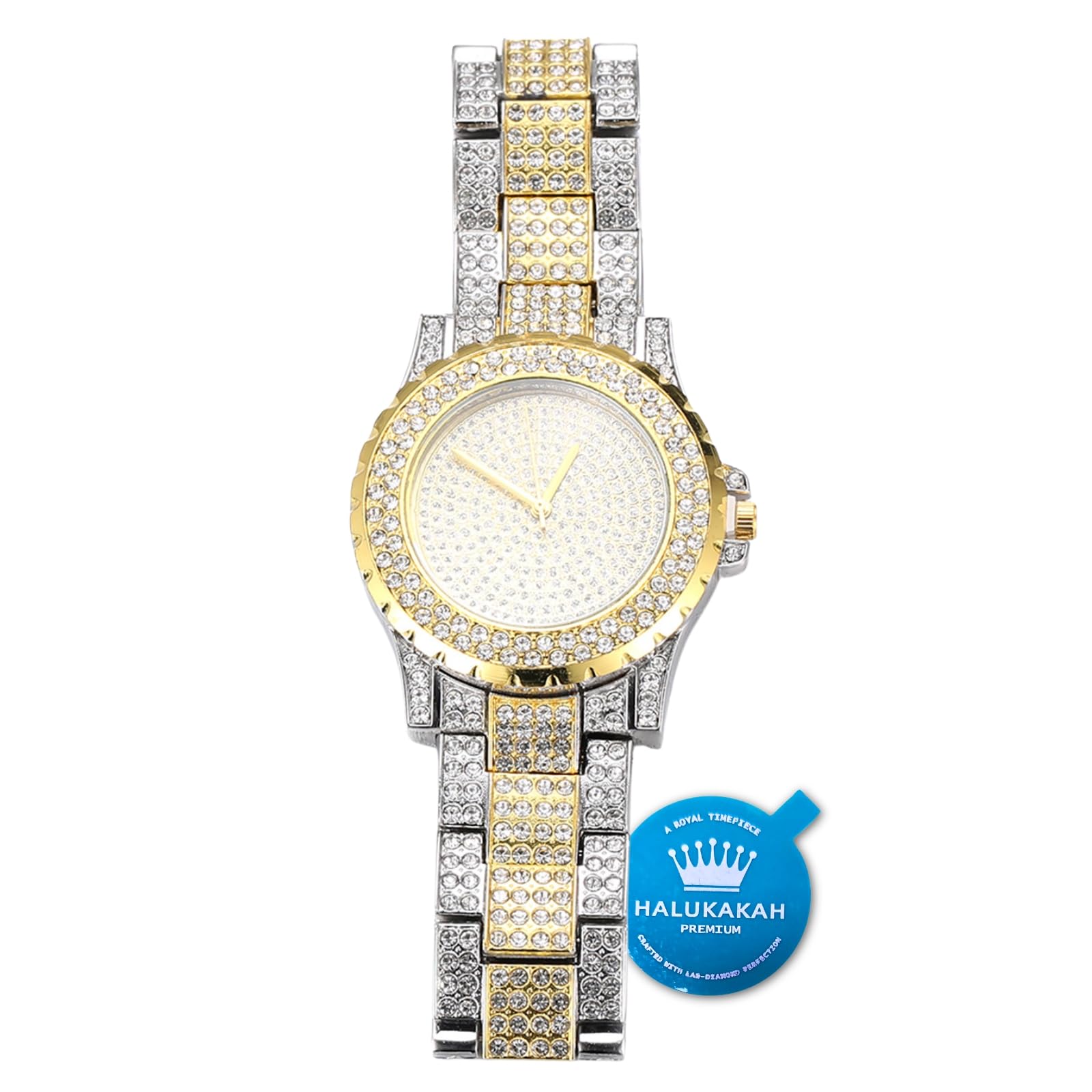 HALUKAKAH Gold Watch Iced Out,Men's 18k Real Gold Mix Platinum White Gold Plated Quartz Wristband 8.7"(22cm),Full Cz Diamonds,Free Giftbox