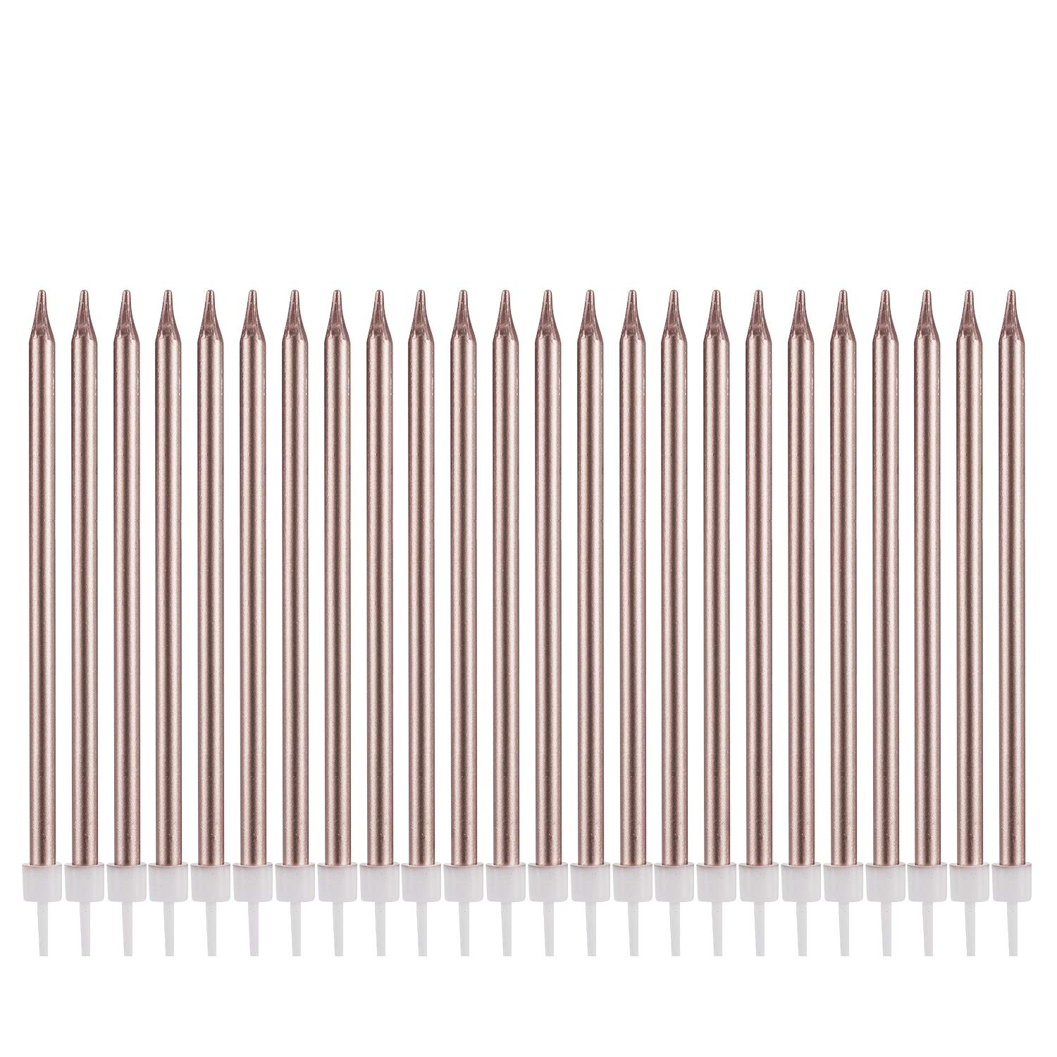 Metallic Happy Birthday Candles Tall Birthday Cake Candles Holders Long Thin Cupcake Candles Topper for Wedding Party Decoration (24pcs Metallic Rose Gold)