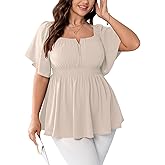 SCOMCHIC Womens Plus Size Peplum Tops Off The Shoulder Blouses Smocked Ruffle Babydoll Summer Top