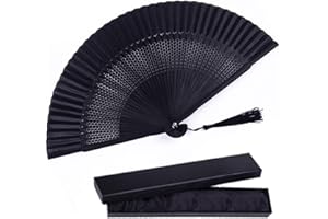 WOHENI Silk Folding Fan, Bamboo Wood Hand Fan Japanese Vintage Retro Style Handmade Handheld Fan with a Fabric Sleeve and Tassels for Home Decoration Party Father's Day Wedding Dancing Easter Summer Gift