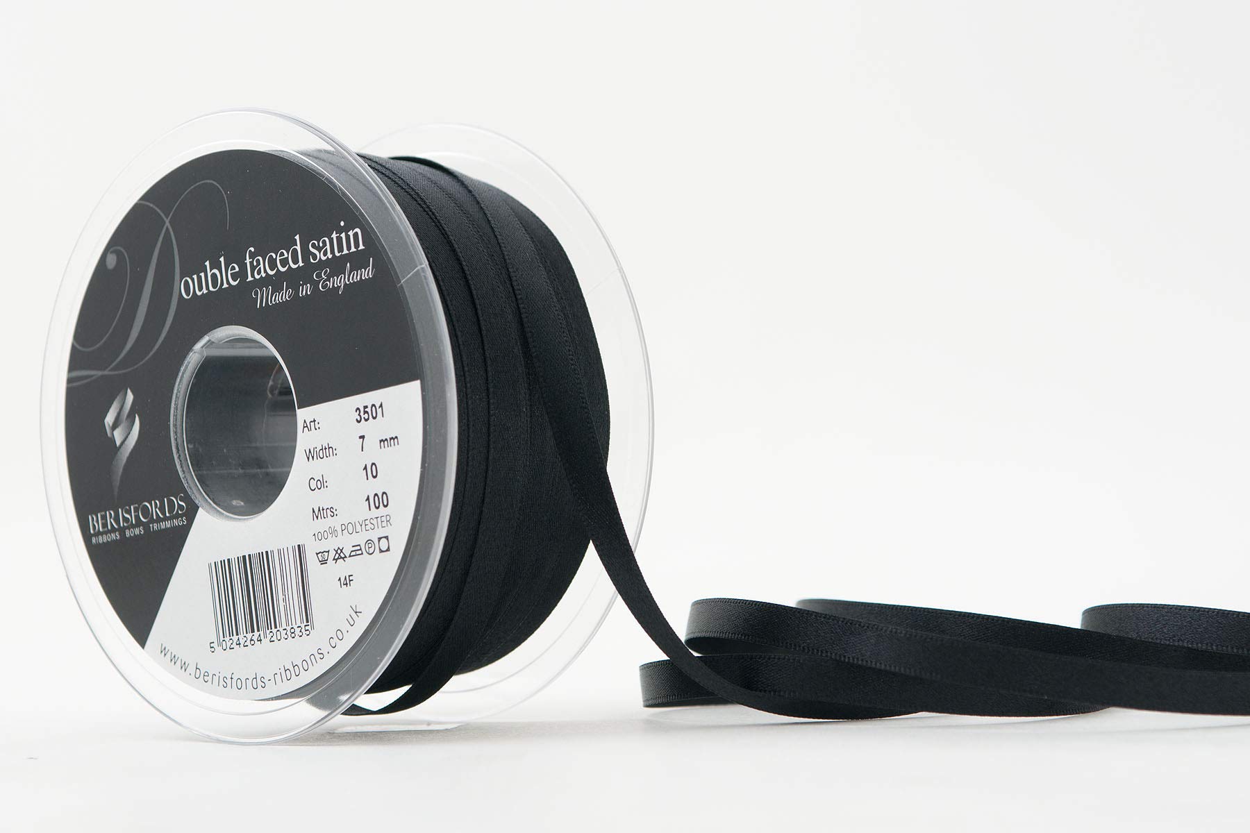 Berisfords Double Faced Satin Ribbon, Black, 7 mm Width, 100 metre Length 5024264203835