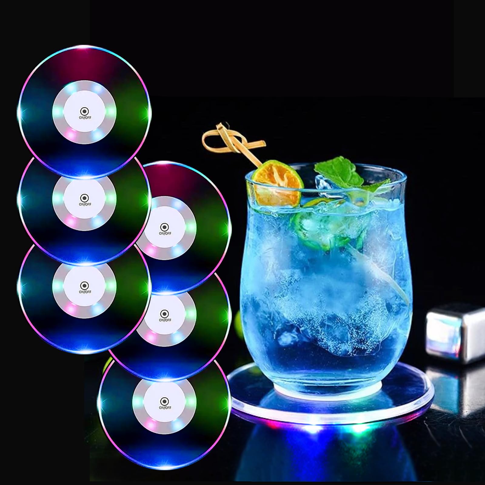 TINYOUTH Set of 6 Colour Changing LED Coasters for Drinks, ON/OFF Disposable Daily Waterproof Acrylic Light Up Coasters for Beer Cocktail Parties Weddings Bar Christmas Home Pub