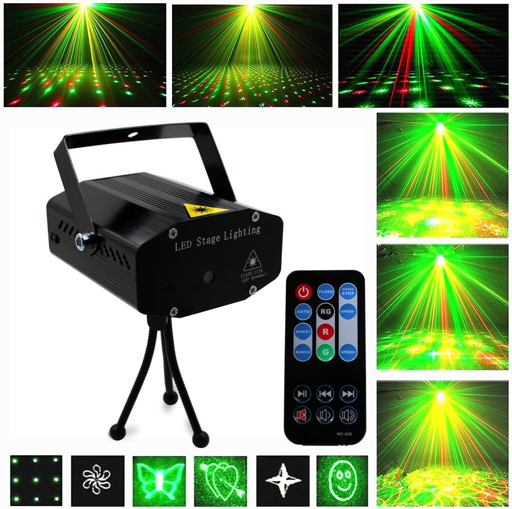 LED Stage Light - LED Lights LED DJ Lights Portable Mini LED Party Lights 6 Multi-Patterns Red and Green Stage LED Light Sound Activated Party Projector Lights With Wireless Remote (Black)