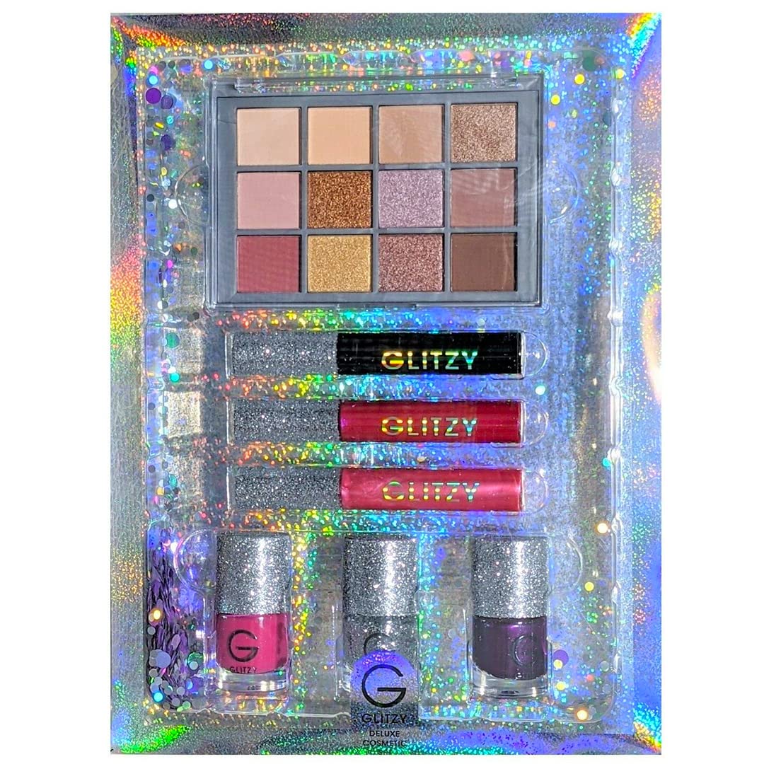 Glitzy Glam Deluxe Cosmetic Gift Set Christmas Holidays Edition, Eyeshadow Palette, Mascara, Lip gloss, Nail Varnish Set