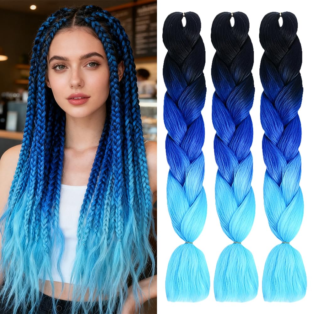 ShowJarlly Box Braid Hair Extensions, 24inch Black/Royal Blue/Sky Blue ​Ombre Jumbo Braid Hair, 3Packs Synthetic Jumbo Braiding Hair Extension Afro Hair Extensions for Crochet Twist Braids — image 1