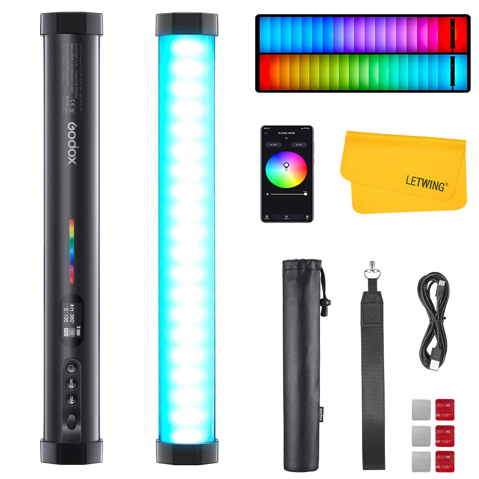 Godox TL30 Tube Light, CRI 97 and TLCI 99 LED Photography Light, Three Modes RGB, CCT, HSI Achieve Up to 36000+ Colors, Flexible Tube Design for Shooting Sceneries, Film Making, Video