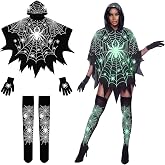 Newcotte 3 Pcs Halloween Spider Costume Adult Women Glow in the Dark | Spider Web Costume Accessories, Spider Poncho Cape, Gloves, Black Stockings Socks, for Women Outfit Halloween Cosplay Party