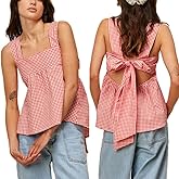 Women Gingham Babydoll Tank Top Cute Sleeveless Backless Wide Straps Peplum Shirt Y2K Square Neck Bowtie Cami Top