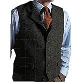 Mens Casual Plaid Suit Vest Tweed Slim Fit Waistcoat for Wedding Groomsmen