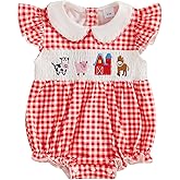 Newborn Baby Girl Romper Farm Outift Animals Embroidery Smocked Onesie Ruffle Plaid Bodysuit Country Summer Clothes