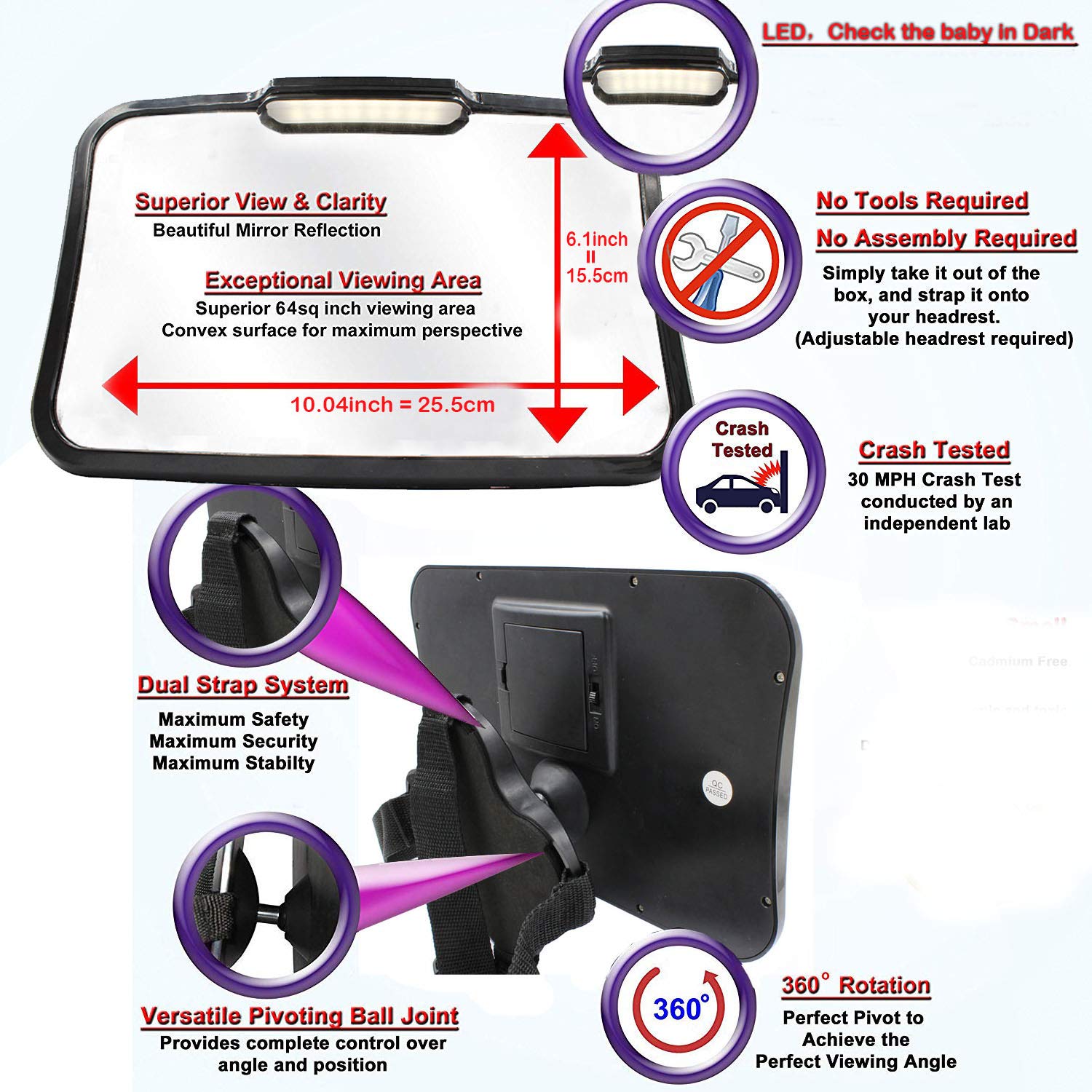 Baby Mirror for Car – Cbin Safely Monitor Infant Child in Rear Facing Car Seat,LED Remote Control,Adjustable Acrylic 360°for Backseat – Check Baby in Dark