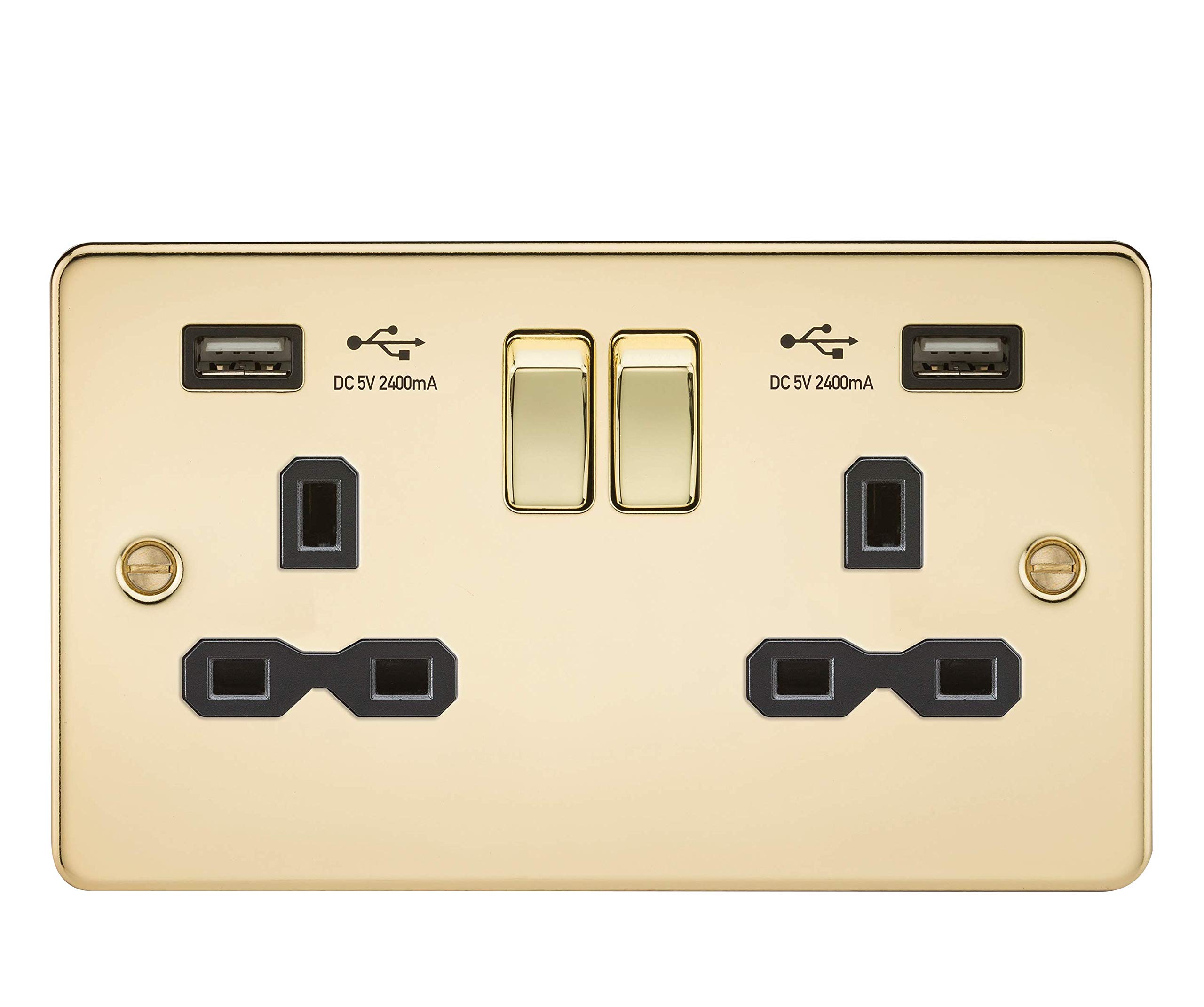 Flat Plate Double Socket with Dual USB Charger in Polished Brass with Black Insert