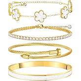 MOINSPIRE Gold Bracelets for Women, 18K Gold Plated Tennis Nail Clover love Bangle Bracelets Set Non Tarnish, Stainless Steel Trendy Stackable Bracelet Fashion Jewelry Accessories Gifts for Christmas