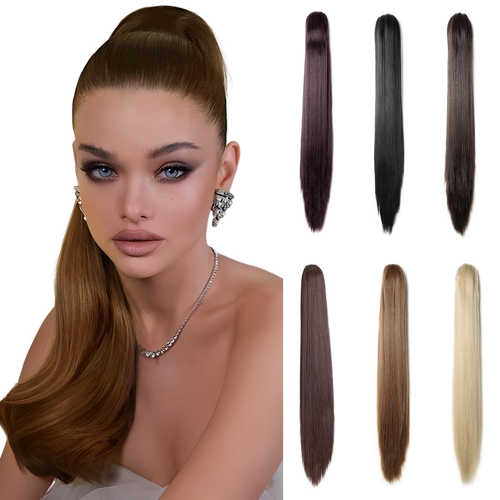 Benehair Claw Clip in Ponytail Hair Extensions, 21 Inches Long Straight Ponytail Extensions Medium Brown Hair Pieces for Women(Medium Brown, 140g)