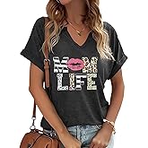 PUCKOLITY Mother's Day V Neck Shirt for Women Funny Mom Mama Mommy Graphic Tee Shirts Summer Casual Tops Blouses