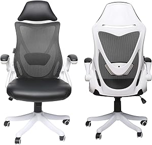 LUCKWIND Ergonomic Desk Chair Leather – Office Computer Adjustable Swivel Tilt Tension Lockable Flip-up Arm Cushion PU Leather & Breathable Mesh Lumbar Support Built-in Headrest Rubber Casters