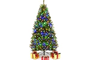 COSTWAY 4 FT Pre-lit Christmas Tree, Artificial Xmas Tree with 100 Warm White & Multicolored Lights, 11 Modes, 300 Branch Tips, Metal Support, Holiday Decoration Fake Tree for Home, Office, Party