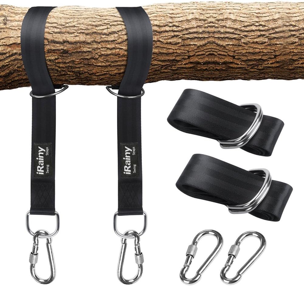 iRainy Tree Swing Hanging Straps (Set of 2), Non-Stretch Swing Hanging Kit with Safety Lock Carabiners Carrying Bag Perfect For Tire, Disc Swings, Hammocks, Holds Up to 2200 LBs (Black)