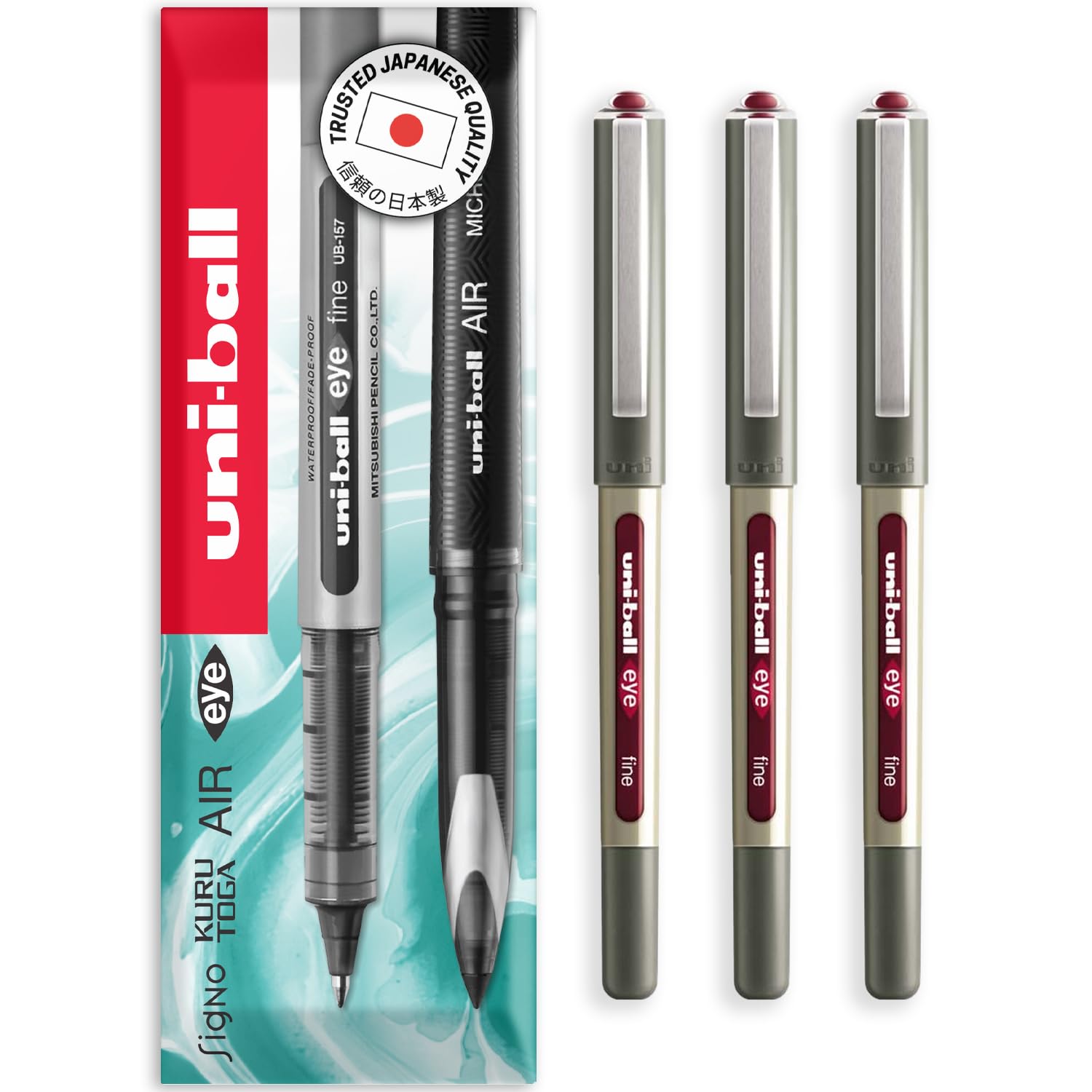 uni-ball EYE - UB-157E Rollerball Pens - 0.7mm Nib - In Envelope Gift Packaging (Pack of 3, Wine Red)