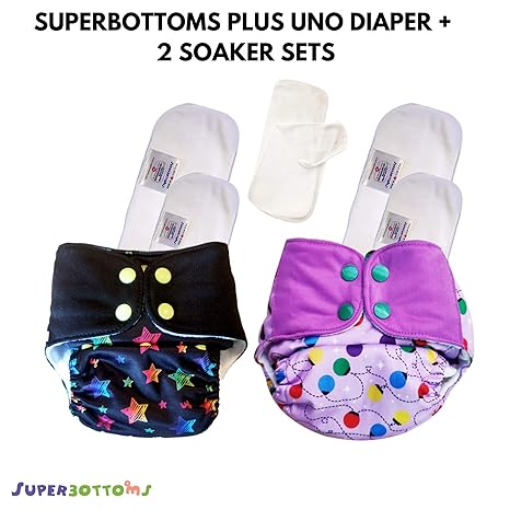 superbottoms Plus UNO Pack of 2 Diapers Shells 2 Dry Feel Organic Cotton Soakers 2 Cotton Boosters 2 Fleece Liners (Large)