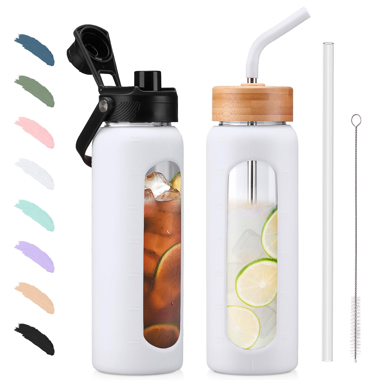 BLUEGO 700ml Glass Water Bottle with Straw and 2 Lids Glass Coffee Cup with Time Marker and Silicone Protector Glass Tumbler for Beverages Soda Cola BPA Free, White