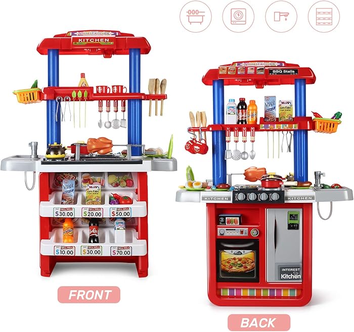 CUTE STONE 2-in-1 Kids Kitchen & Grill Playset, Large Play Kitchen with Realistic Lights & Sounds,Play Sink with Running Water, Kitchen Toy Set with Play Food and Kitchen Accessories Set