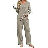 Leafsay Womens Pajama Set 2 Piece Long Sleeve Ribbed Lounge Sleepwear Matching Set Pjs Outfit with Pockets