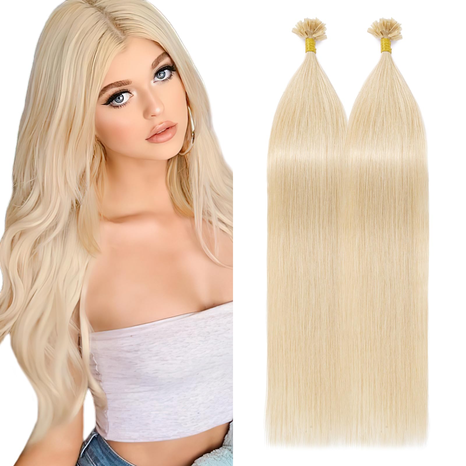 Silk-co U Tip Pre Bonded Hair Extensions Strands Keratin Nail Tip Straight Human Hair Extensions U tip Real Remy Hair 100 Strands Keratin Nail Til 22"-100g #60 Platinum Blonde