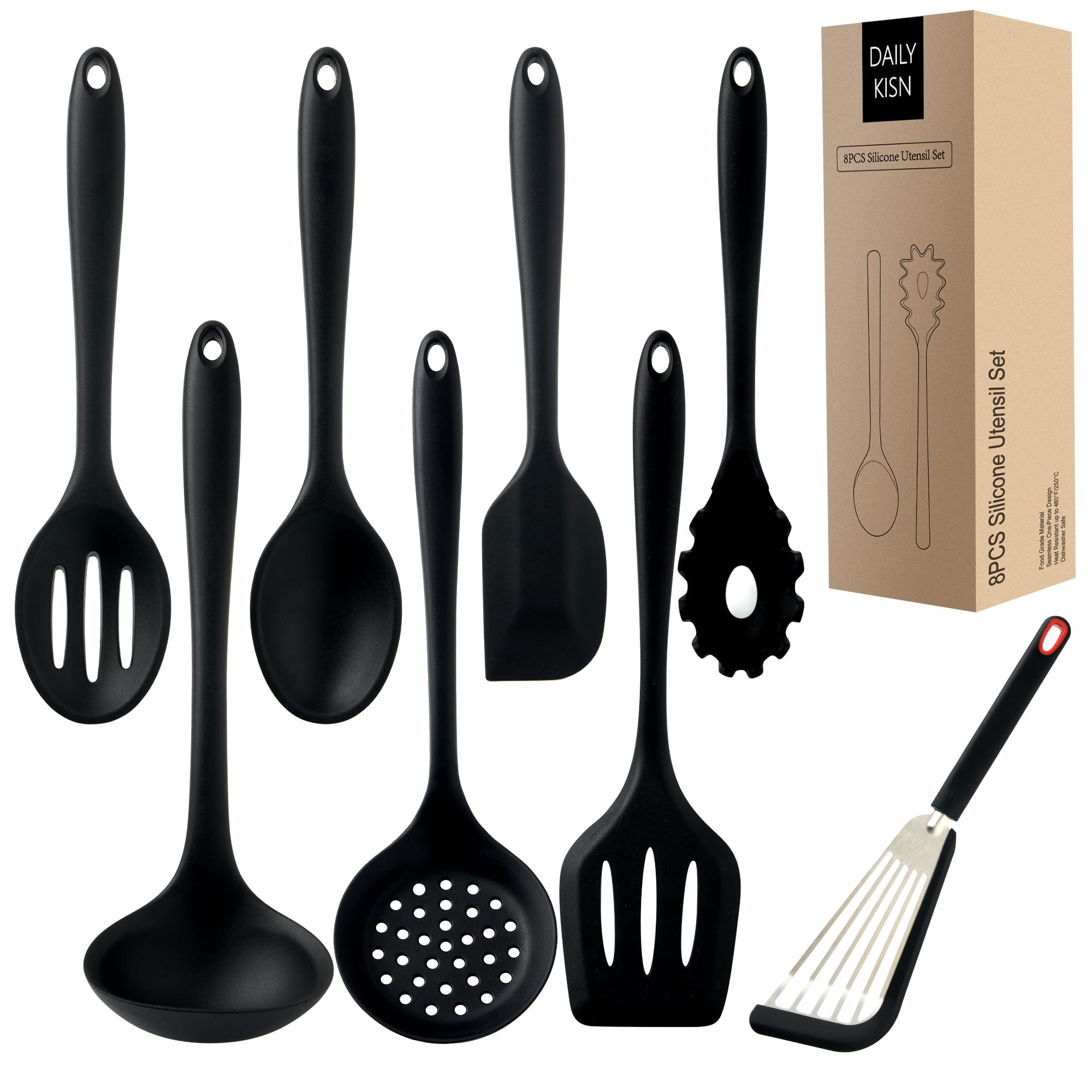 Silicone Kitchen Utensils Set, Heat Resistant, Non-Stick Coated, Cooking Utensils, Silicone Spatula, Turner, Serving Spoon, Soup Ladle, Slotted Spoon, Pasta Server, Skimmer, Fish Spatula