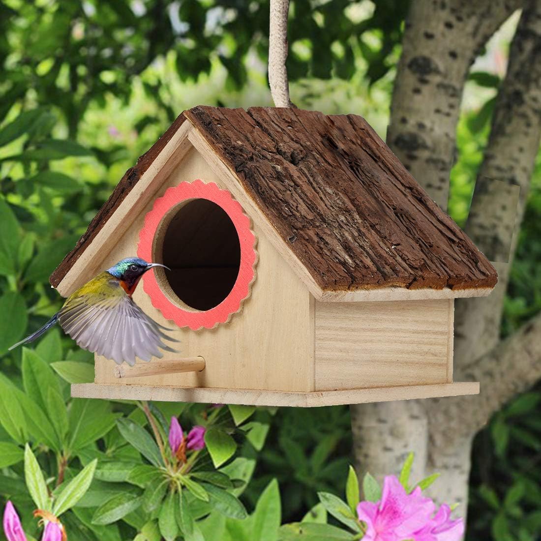kathson Wooden Bird House Hanging Hummingbird Nest Natural Cedar Outside Garden Patio Decorative for Dove Finch Wren Robin Sparrow Hummingbird : Garden & Outdoor