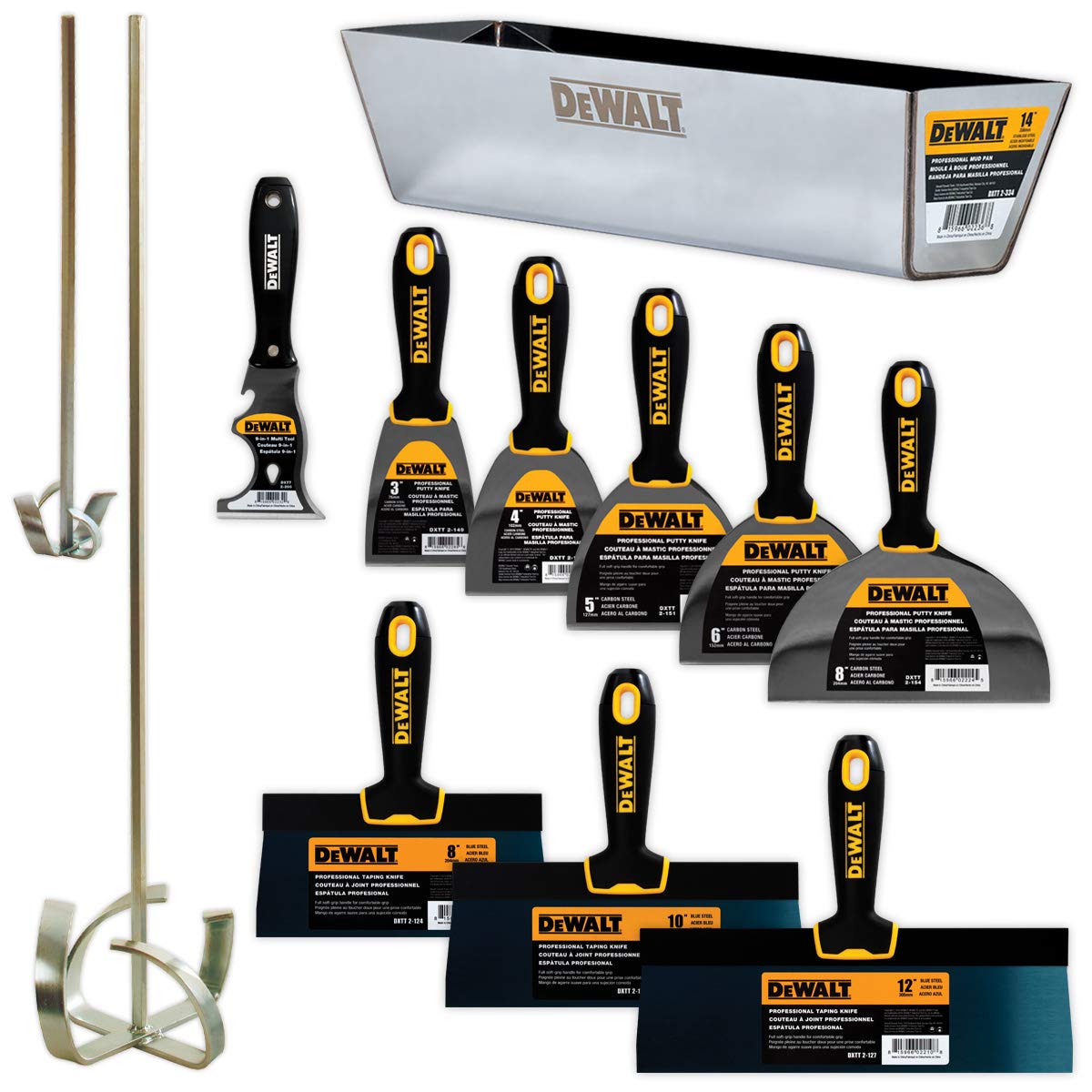 DEWALT DELUXE Blue/Carbon Steel Hand Tool Set | 8/10/12" Taping Knives, 3/4/5/6/8" Putty Knives, 2 Mud Mixers, 9-in-1 Painter's Multitool + FREE BONUS 14" Mud Pan | DXTT-3-610