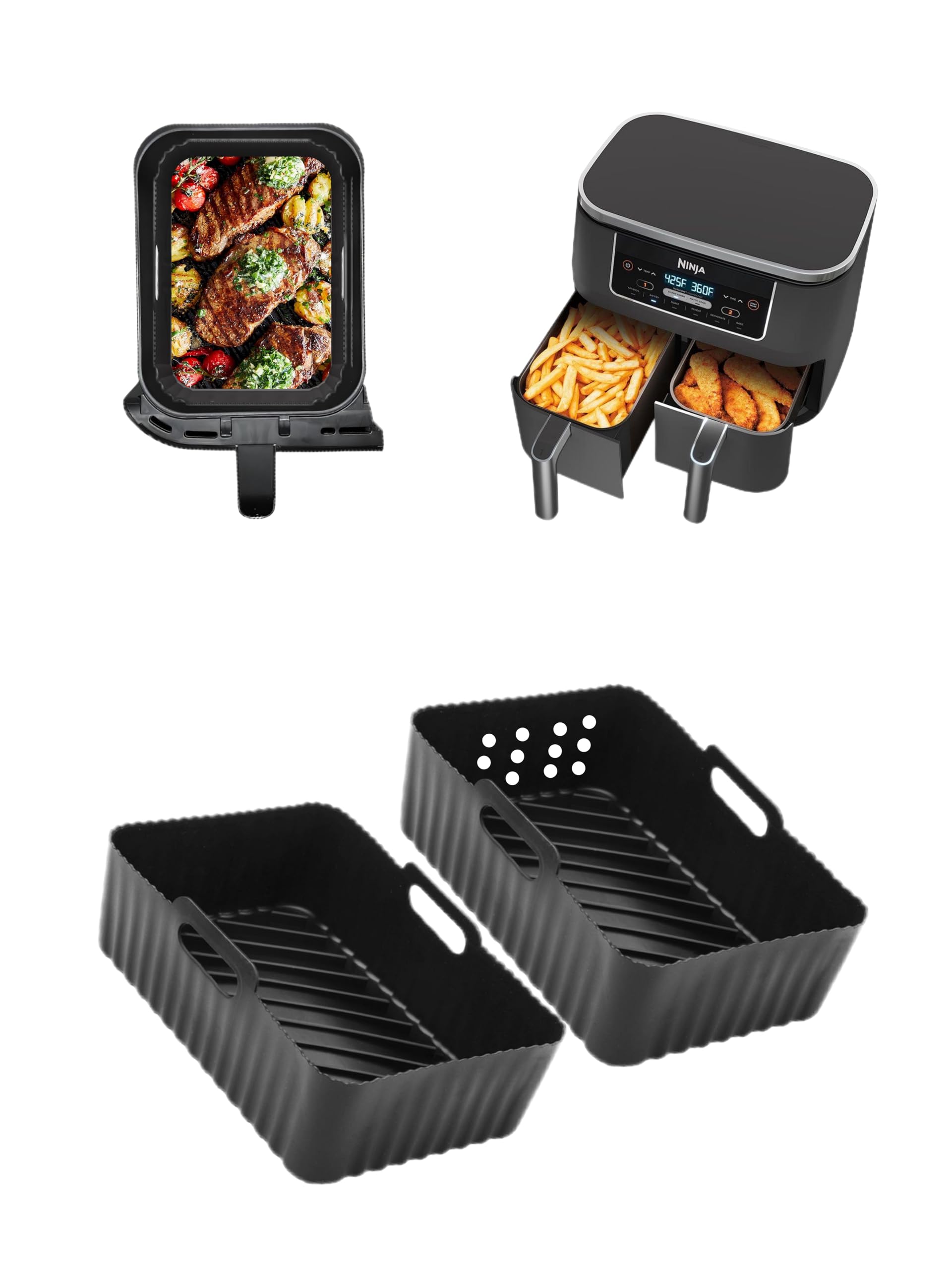 Photo 1 of *USED*
Szyeequoo Silicone Air Fryer Liners 2 Pack, Reusable Silicone Liners for Ninja Foodi DZ201 DZ401 DZ550, COSORI, Instant, Chefman, Dual Basket Air Fryers 8-10QT, Dishwasher Safe, Black