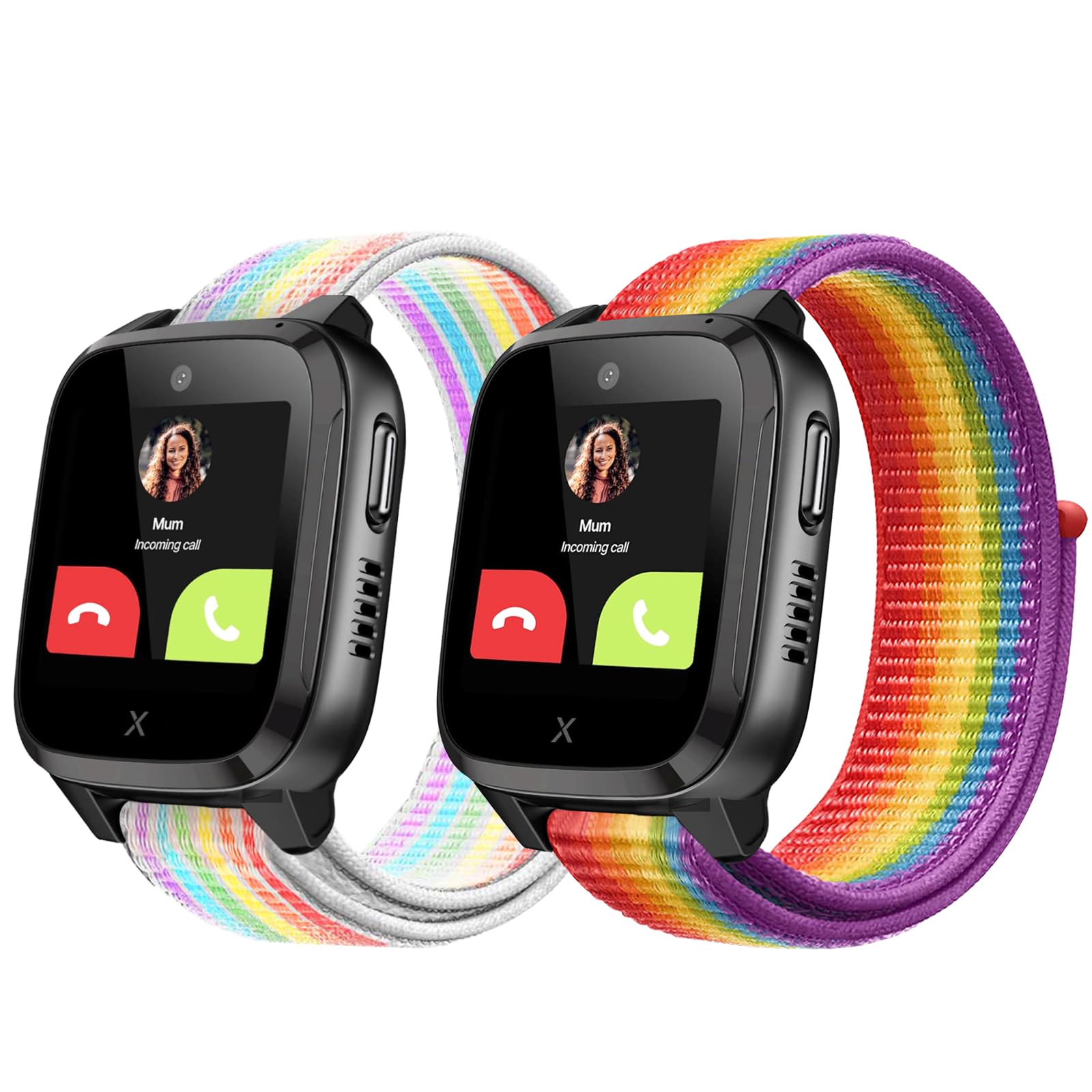 Snyeest 2pc Nylon Compatible with Xplora X5 Play/XGO 2/XGO 3/Kidzi Wristband, Kids Smartwatch Fastener Girls Boys Adjustable Replacement Wristbands,Rainbow+Neon