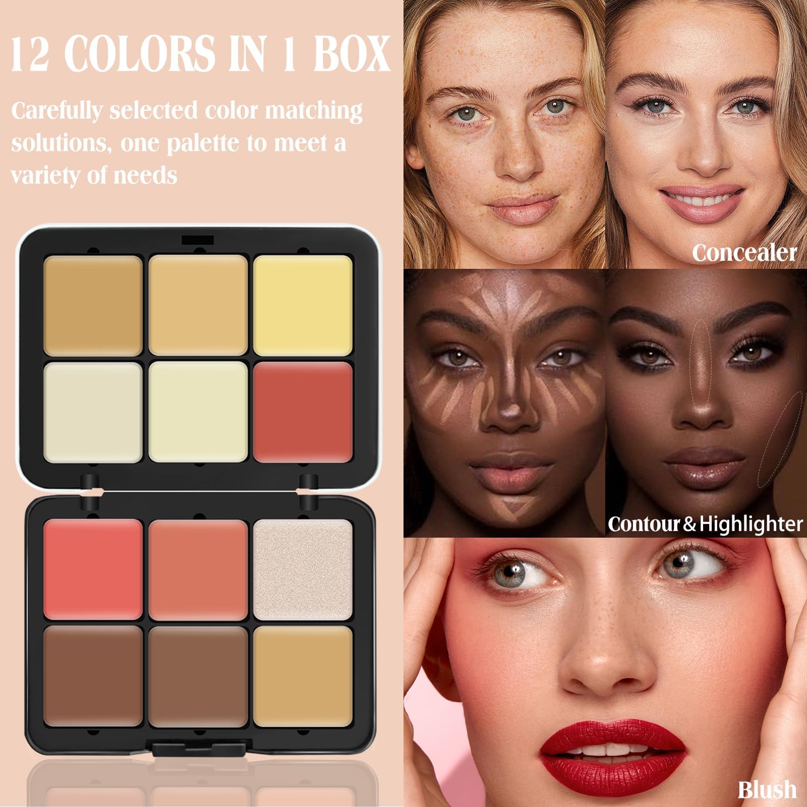 LSxia 12 Colors Cream [Blush Contour Concealer Highlighter] Makeup Palette for Cheeks - All in One Makeup Palette Kit with Brush, Long Wearing Waterproof Blendable Face Make Up Pallete (#05)