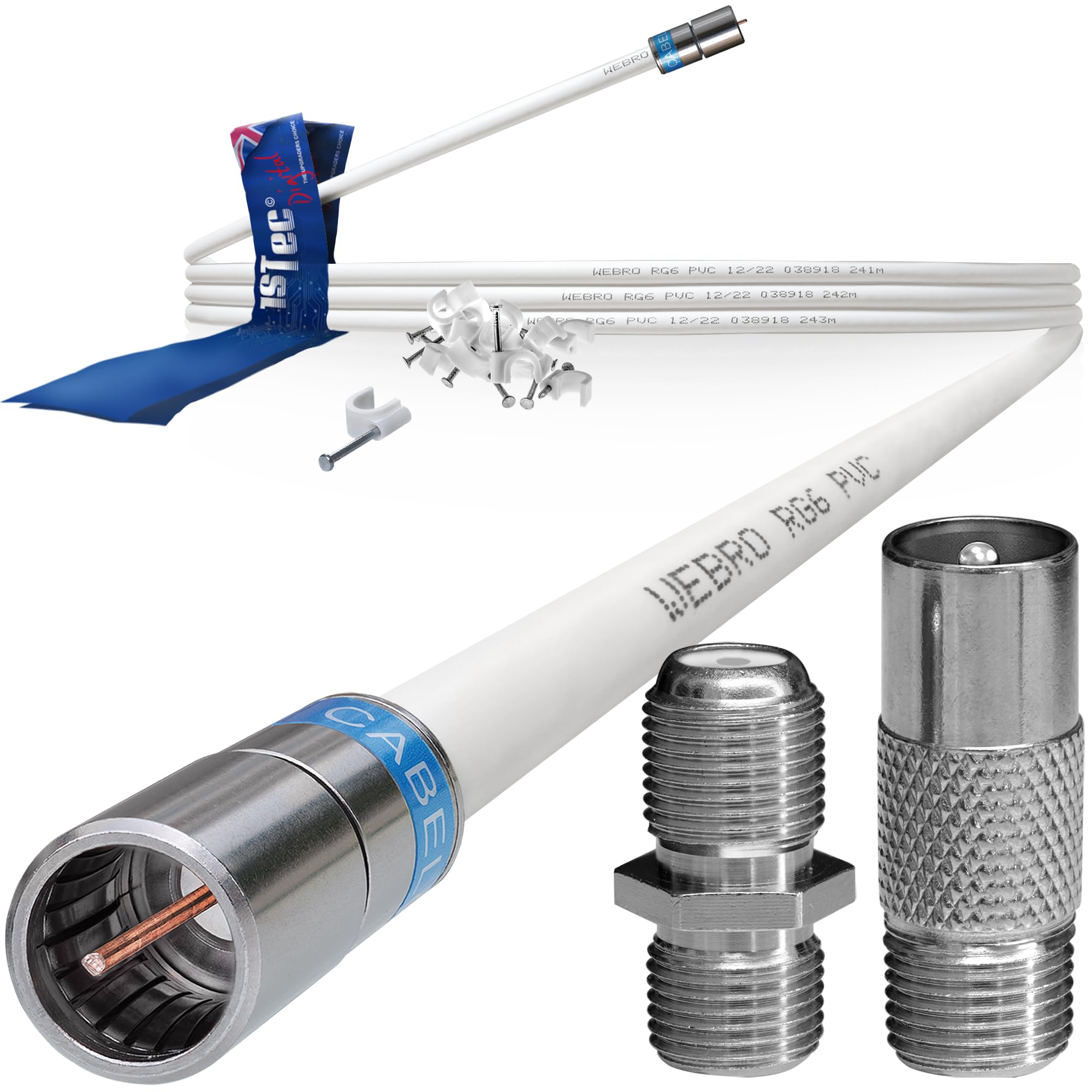 1STec 5m White Virgin Media Quick Fit Male Push On or Over Female F-connector Technetix Isolator IEC Webro Extension Cable for V6 TIVO Set Top Box VIVID Fibre Super Hub Broadband Modems to 5 Metre