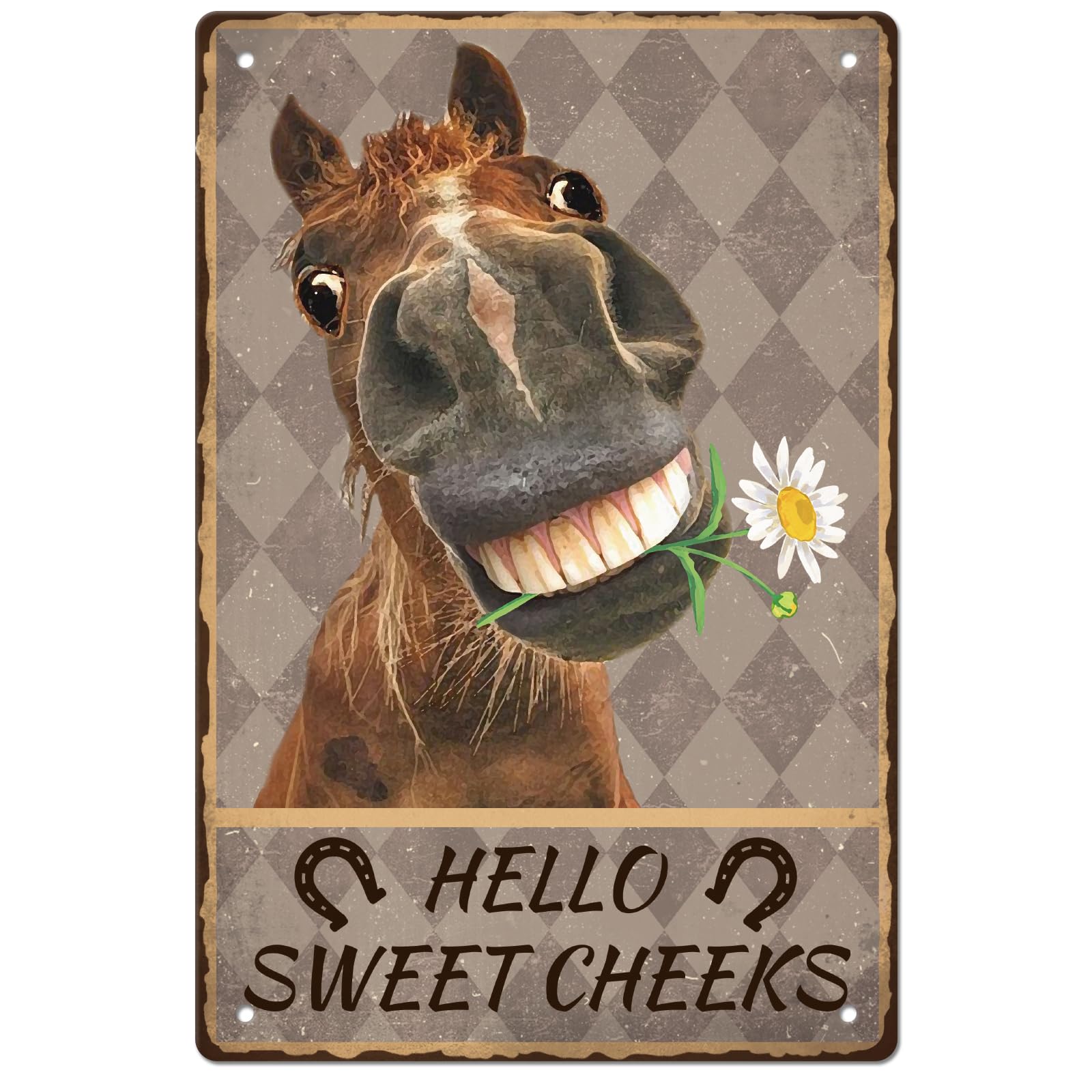 GLOBLELAND Vintage Metal Horse Tin Sign Funny Retro "Hello Sweet Cheeks" Metal Wall Decor Decorative Tin Sign Art Plaque Poster 8×12inch for Home Kitchen Bar Coffee Shop Club Decoration