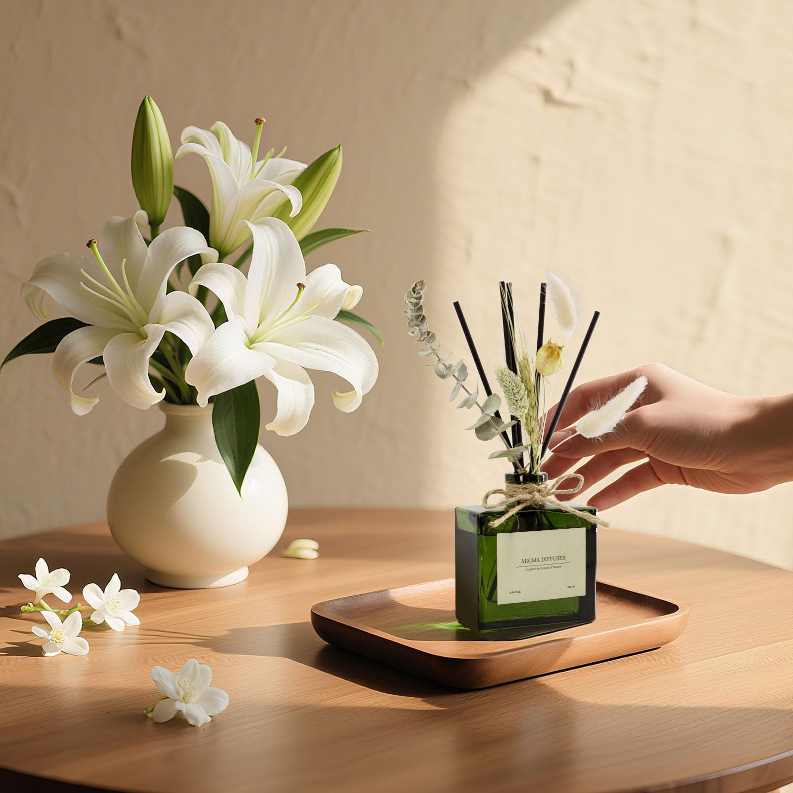 Blume Raumduft Diffuser für 120 Tage Büro,Aroma Diffuser Jasmin Duft mit 7 Duftstäbchen,Natürlich Langanhaltend Lufterfrischer für die Schlafzimmer, Raumdüfte für dekorative Wohnaccessoires 5