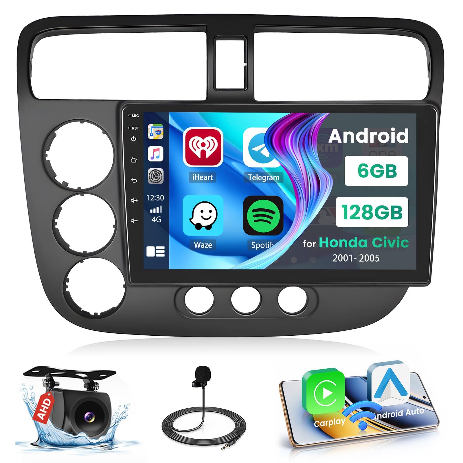 Photo 1 of [8-Core 6+128G] Hikity Android 15 Car Stereo for 2001-2005 Honda Civic Radio with Wireless Carplay Android Auto, 9 Inch Touch Screen Radio, Bluetooth GPS WiFi 32EQ DSP FM RDS SWC+MIC, AHD Backup Cam