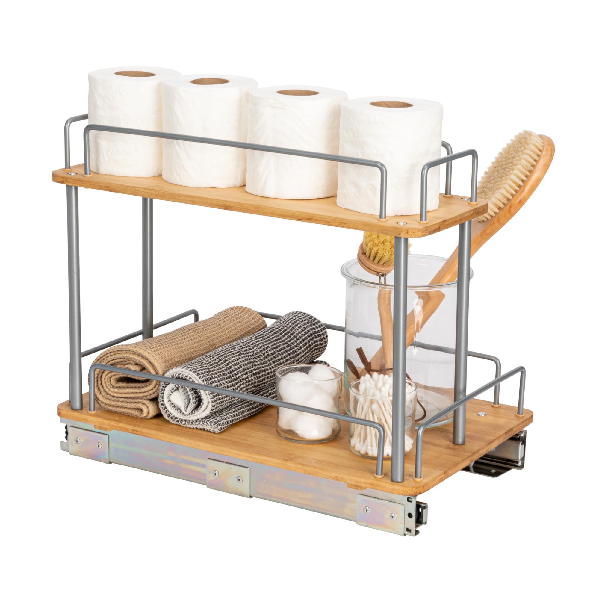 Household Essentials Glidez Steel Pull-Out/Slide-Out Storage Organizer for Under Sink Use-2-Tier Design-Fits Standard Size Cabinet or Shelf, Brushed Silver and Natural, Wood, Bamboo, 11.5"
