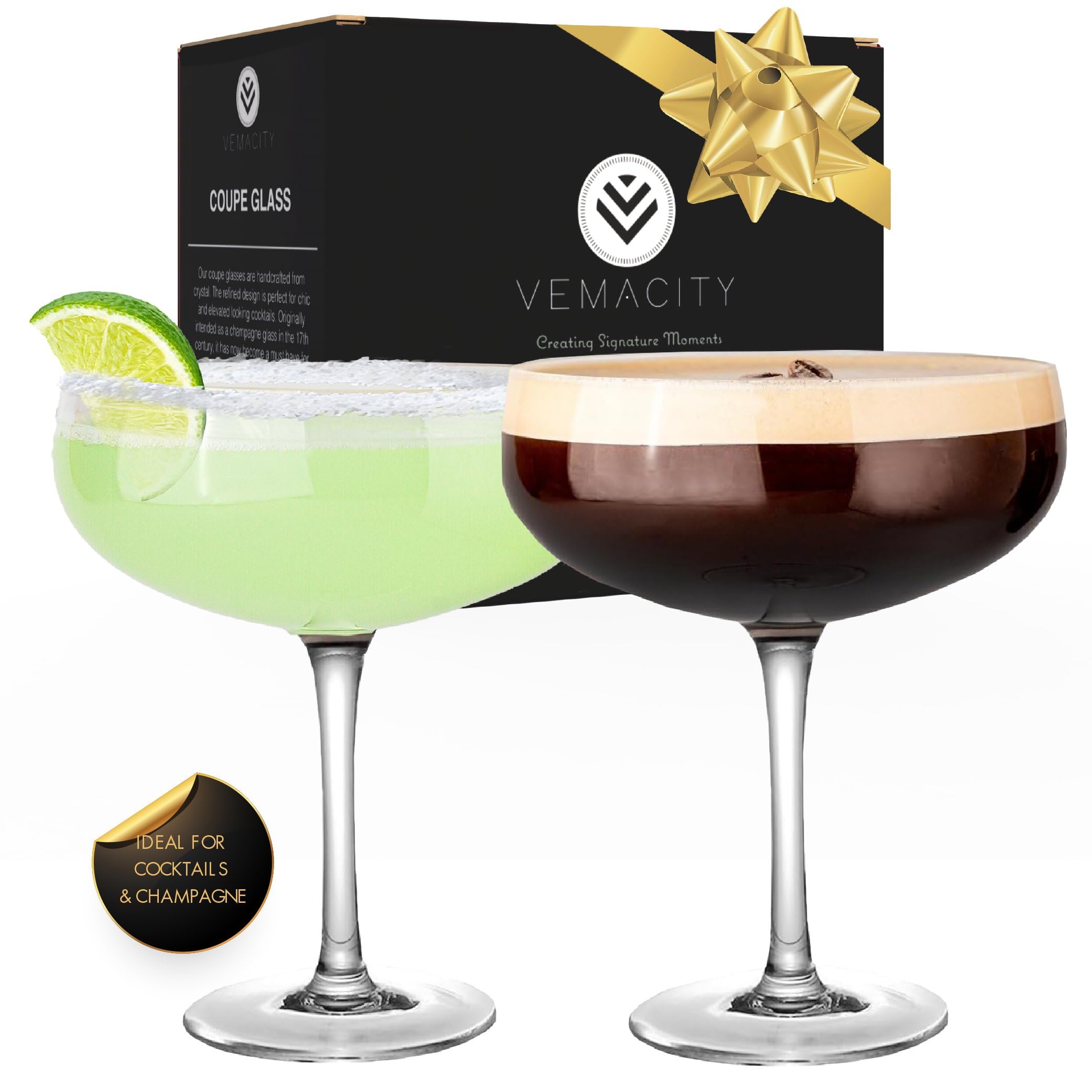 Vemacity Martini Glasses Set of 2 (300ml) | Handmade Crystal Coupe Cocktail Glasses with Elegant Gift Box | Champagne Saucers for Cocktails, Prosecco & Desserts | Dishwasher Safe| Ideal for Gifting