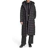 Kenneth Cole womens Channel Quilted Long Puffer With Inner Bib & Attached Hood, Side Vent Details