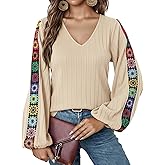 Flamingals Floral Embroidery V Neck Long Lantern Sleeve Blouse for Women Boho Floral Pattern Shirt Country Concert Tees Tops